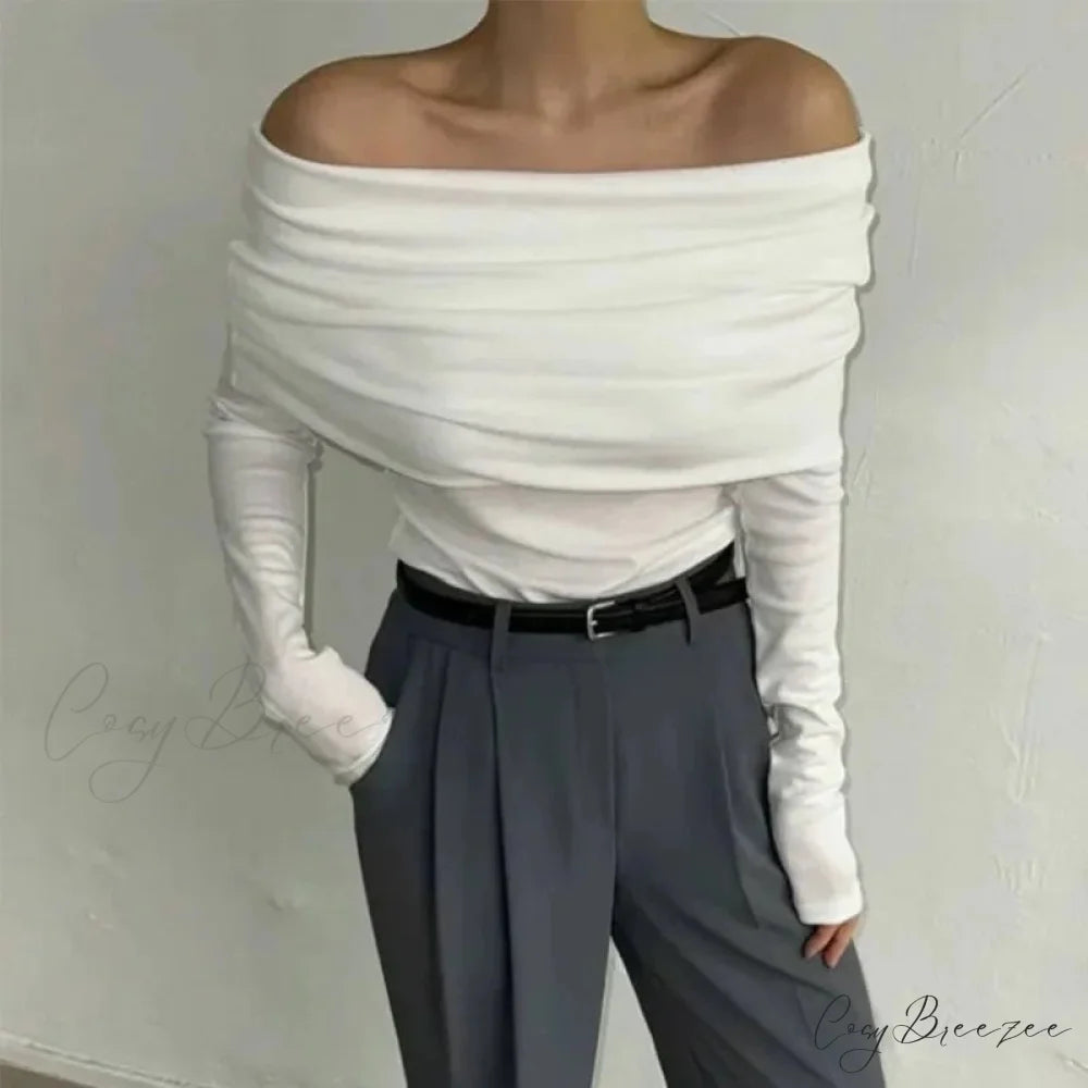 Off-Shoulder Slim Long Sleeve Pleated Sweater WHITE / S swraters-241228