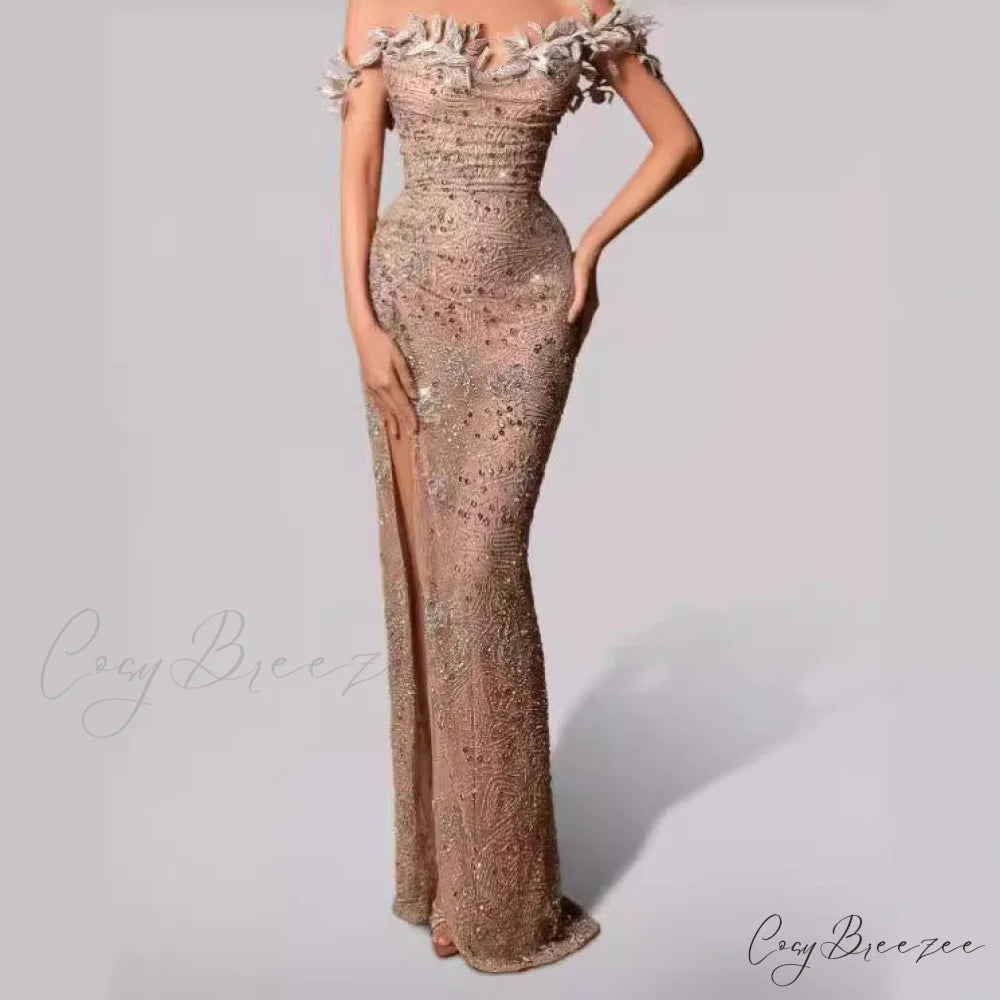 Off Shoulder Slit Strapless Floor Length Prom Dress promdress-250223