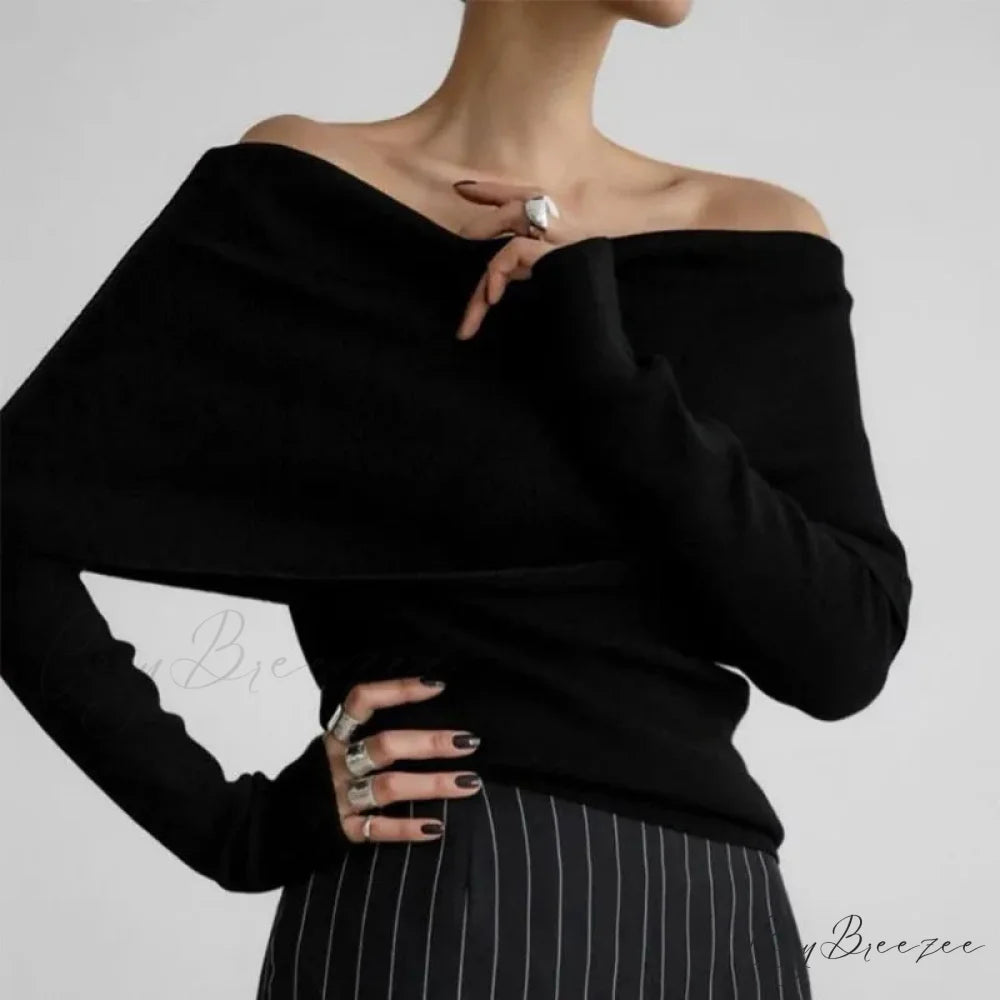 Off-Shoulder Solid Long Sleeve Knitted Sweater Black / S swraters-241228