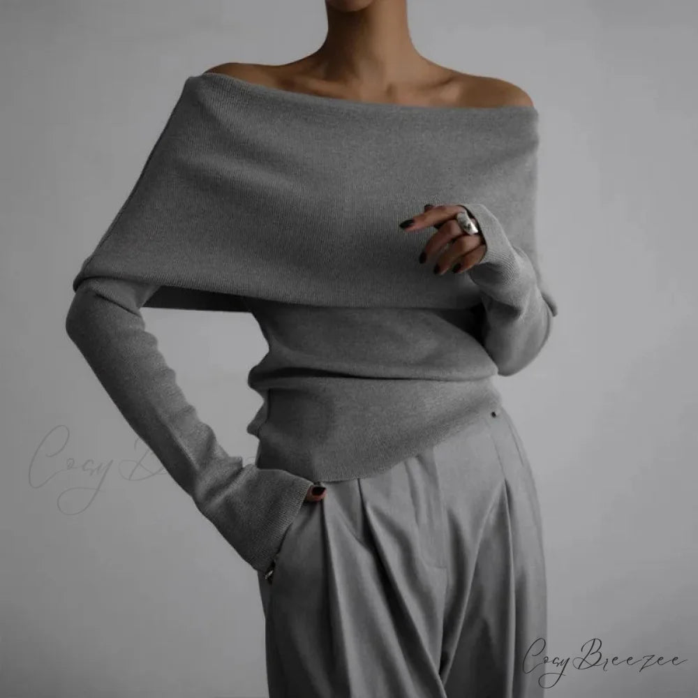 Off-Shoulder Solid Long Sleeve Knitted Sweater GRAY / S swraters-241228