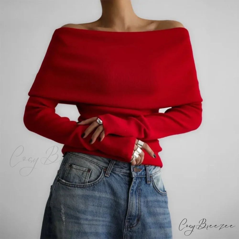 Off-Shoulder Solid Long Sleeve Knitted Sweater Red / S swraters-241228