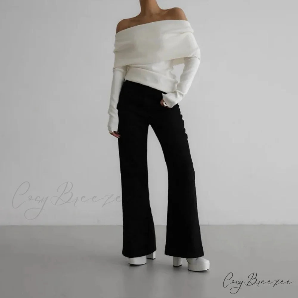 Off-Shoulder Solid Long Sleeve Knitted Sweater swraters-241228