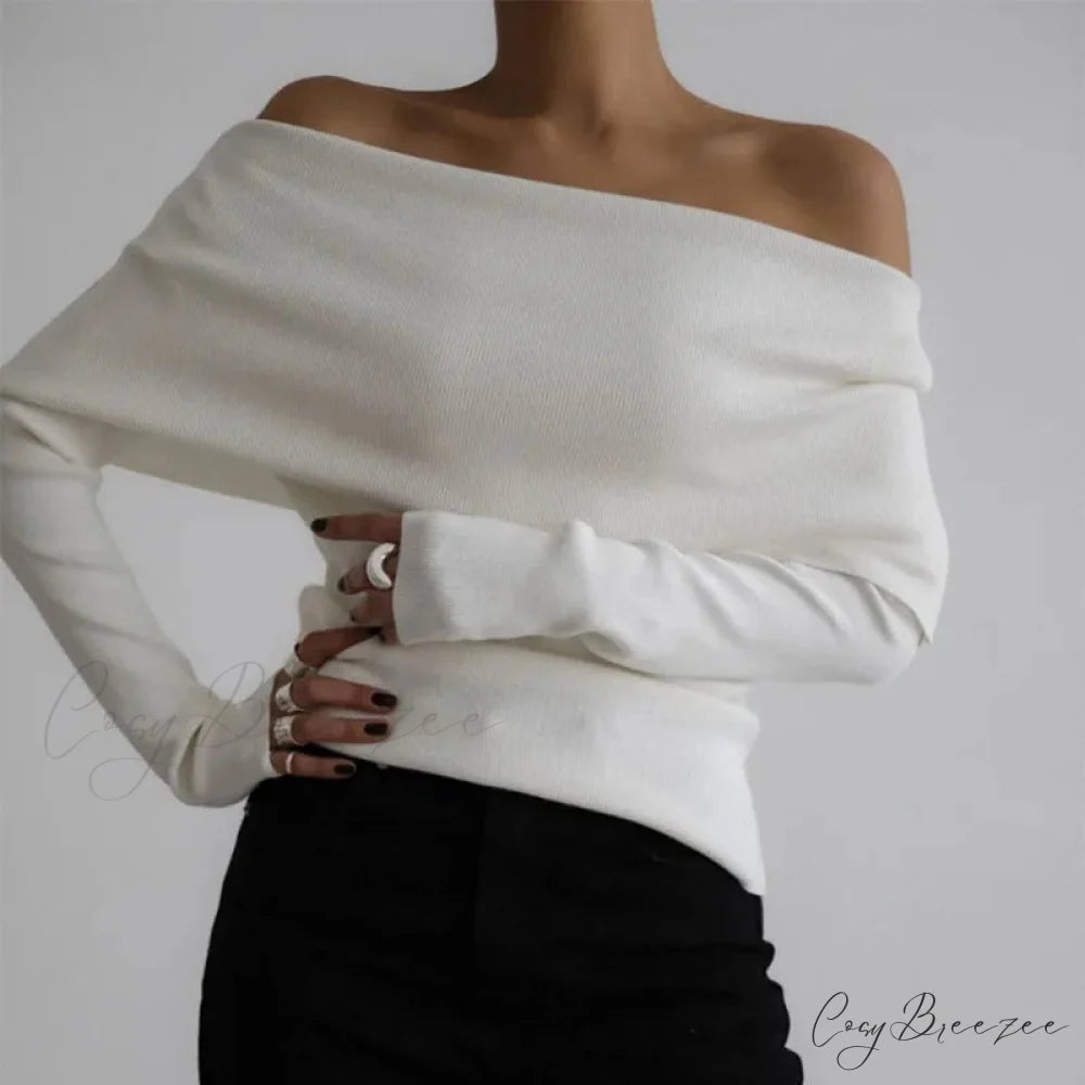 Off-Shoulder Solid Long Sleeve Knitted Sweater WHITE / S swraters-241228
