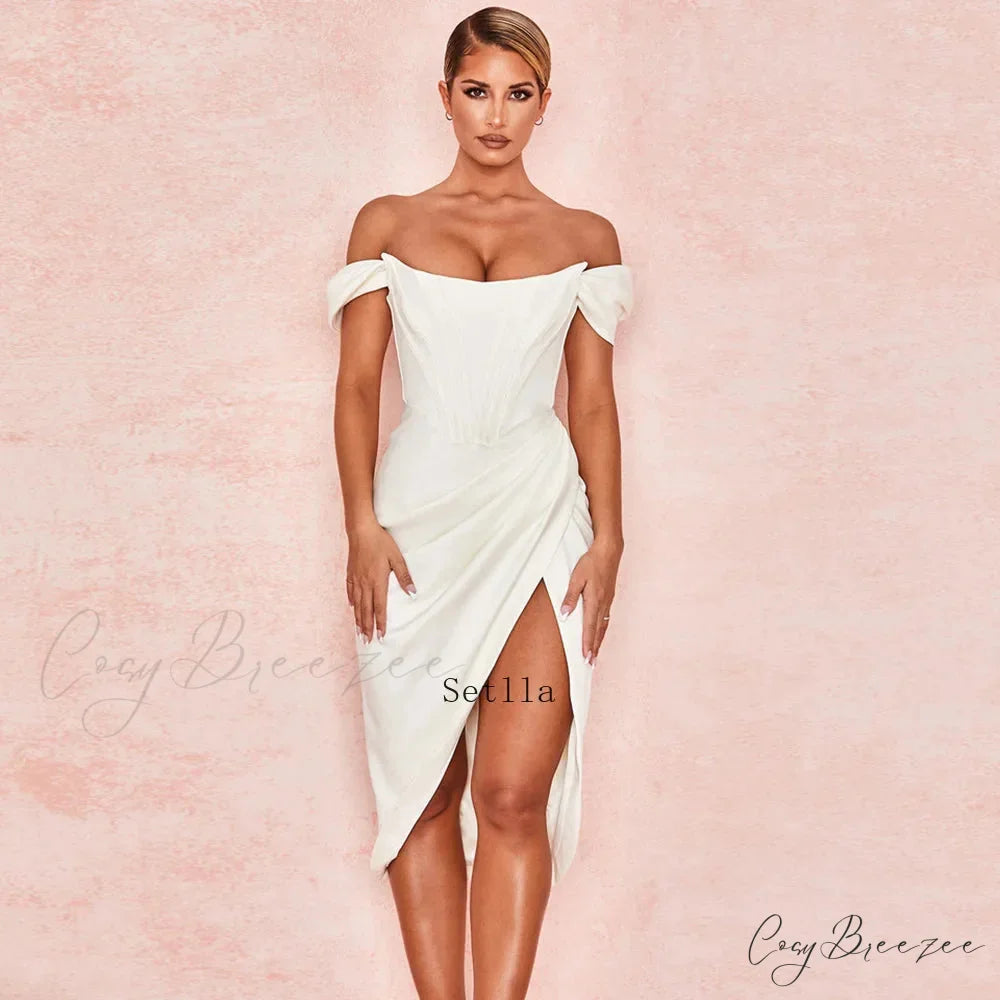 Off Shoulder Split Corset Midi Dress