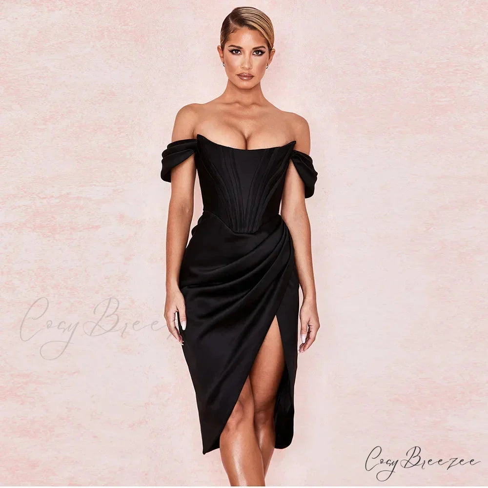 Off Shoulder Split Corset Midi Dress Black / S