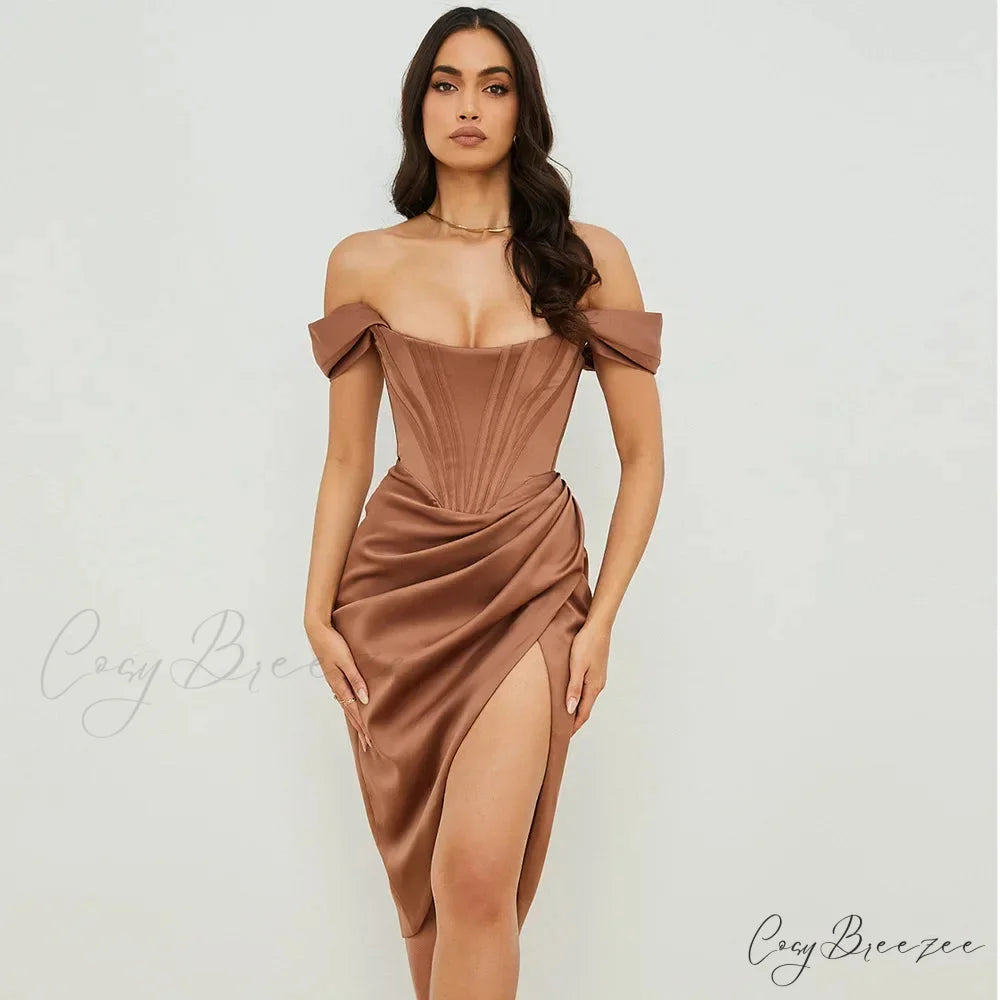 Off Shoulder Split Corset Midi Dress Brown / S