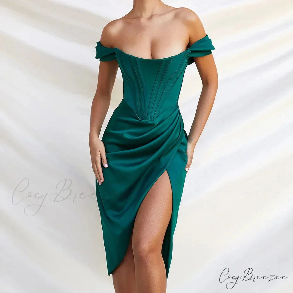 Off Shoulder Split Corset Midi Dress Green / S