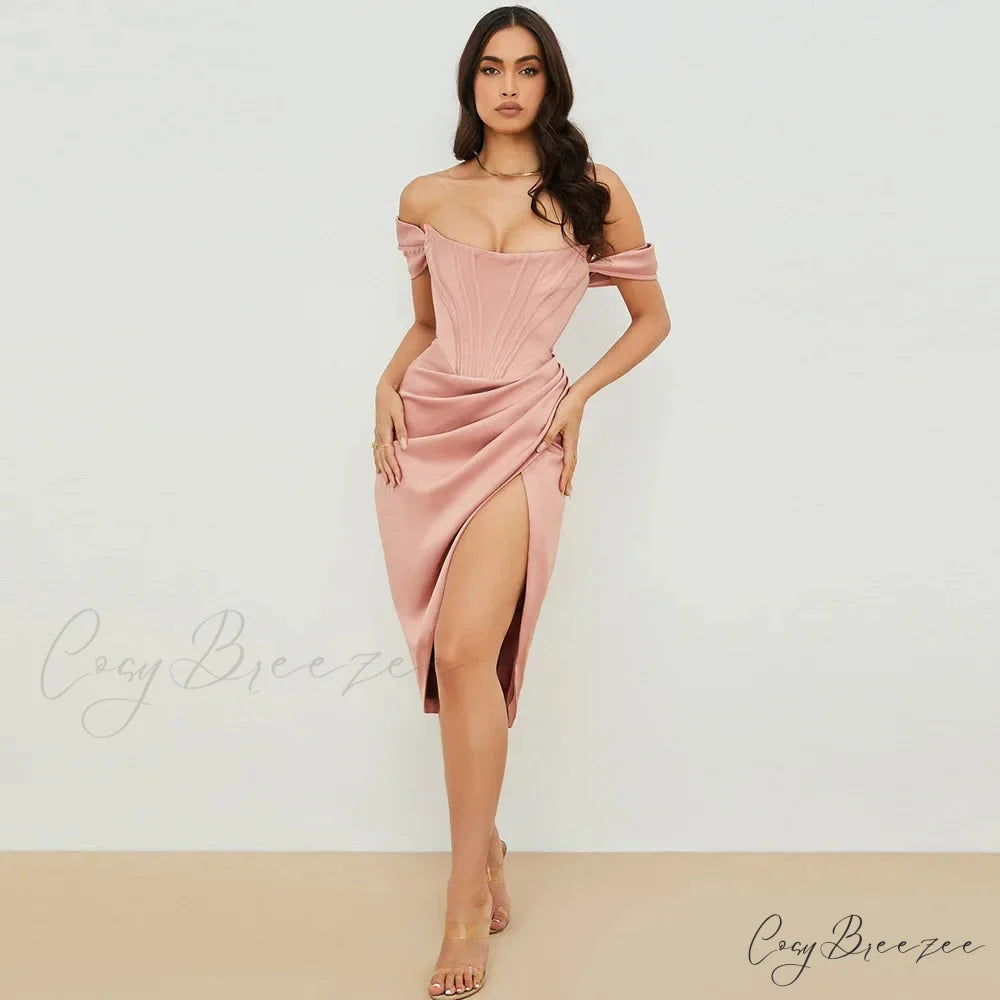 Off Shoulder Split Corset Midi Dress Pink / S