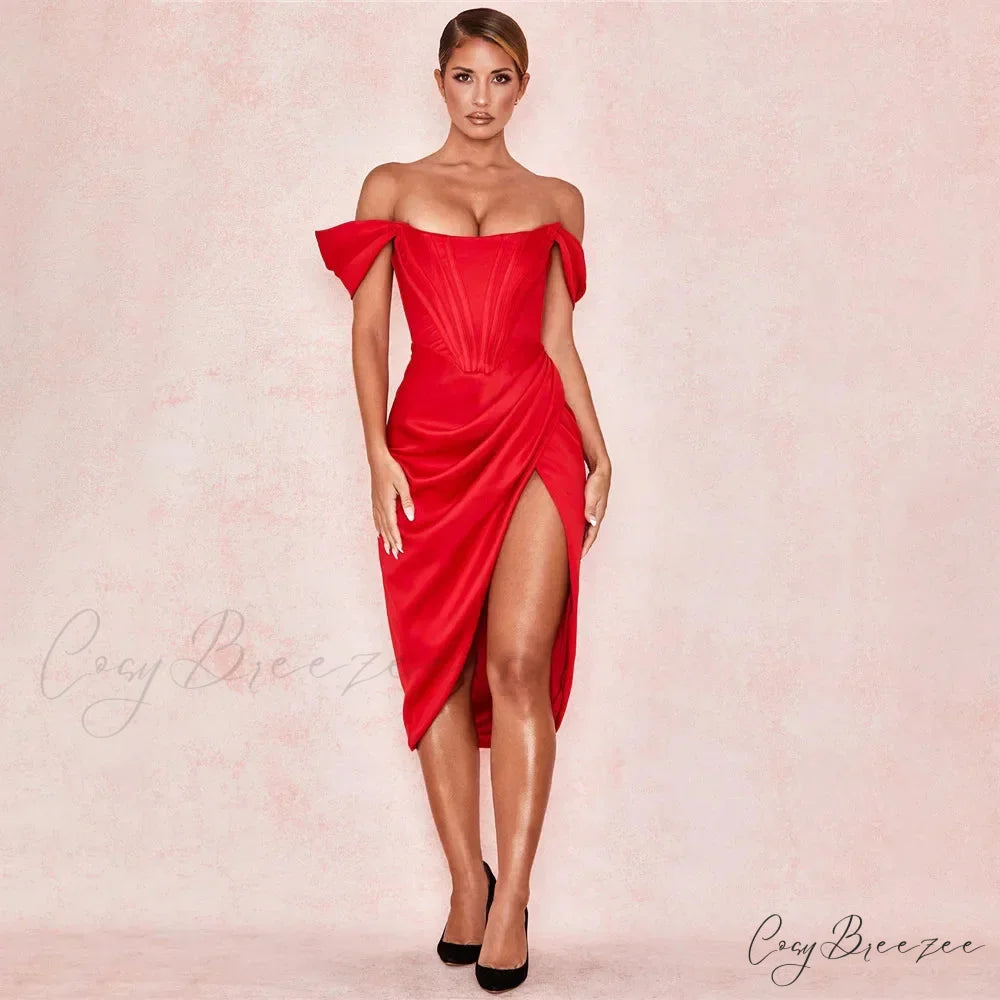 Off Shoulder Split Corset Midi Dress Red / S