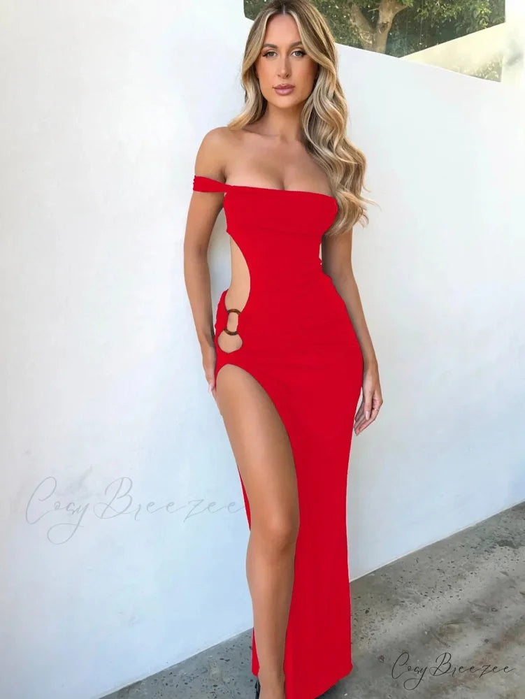 Off Shoulder Split Sleeveless Gown Vestido Sexy Maxi Dress Red / XS