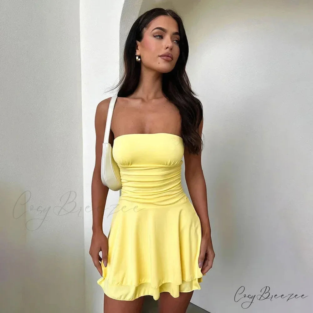 Off Shoulder Strapless A-Line Mini Dress Yellow / S