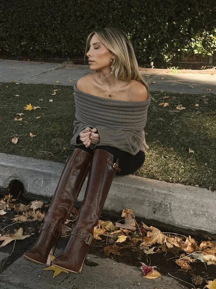 Off Shoulder Striped Long Sleeve Sweater swraters-241228