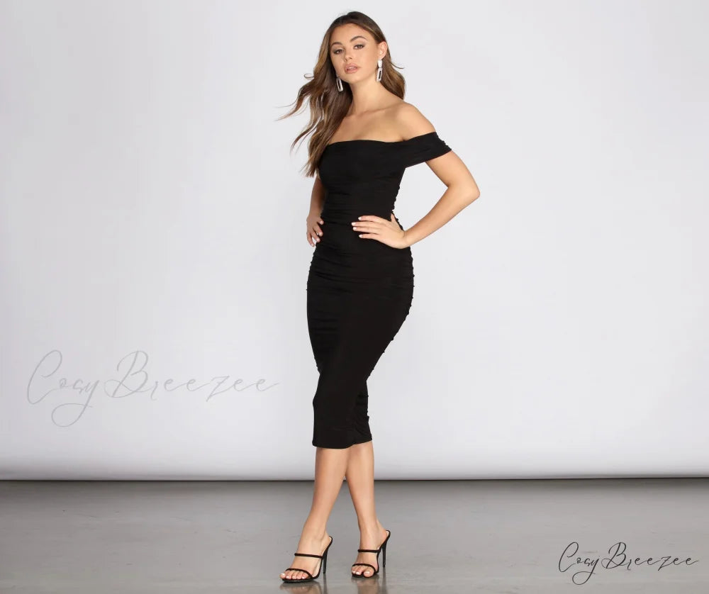 Off Shoulder Stylish Ruched Midi Dress