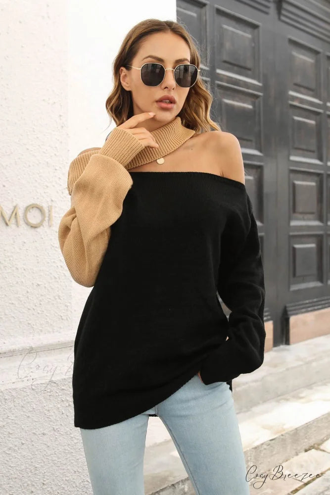Off Shoulder Sweater with Contrast Colors Black / L