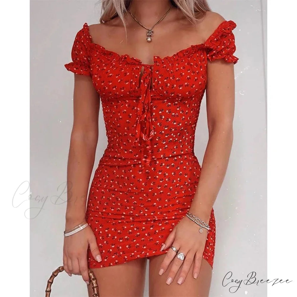 Off-shoulder Tie-up Floral Print Frilled Dress floraldress-250126