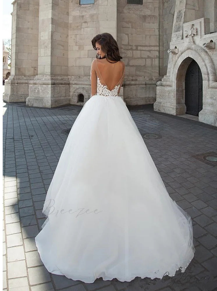 Off-Shoulder V-Neck Sheer Wedding Dress lvory white / 2 weddingdress-250223