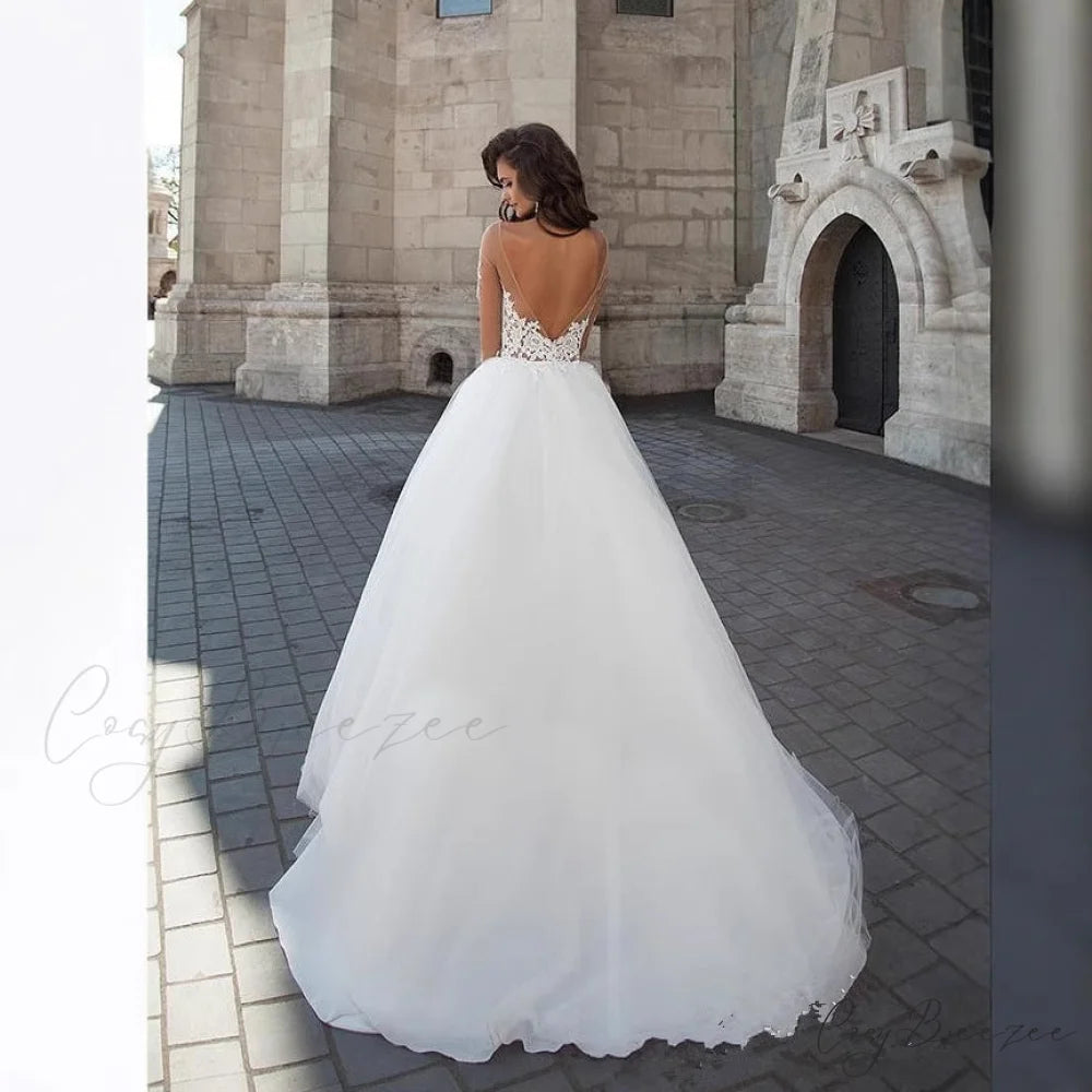 Off-Shoulder V-Neck Sheer Wedding Dress weddingdress-250223