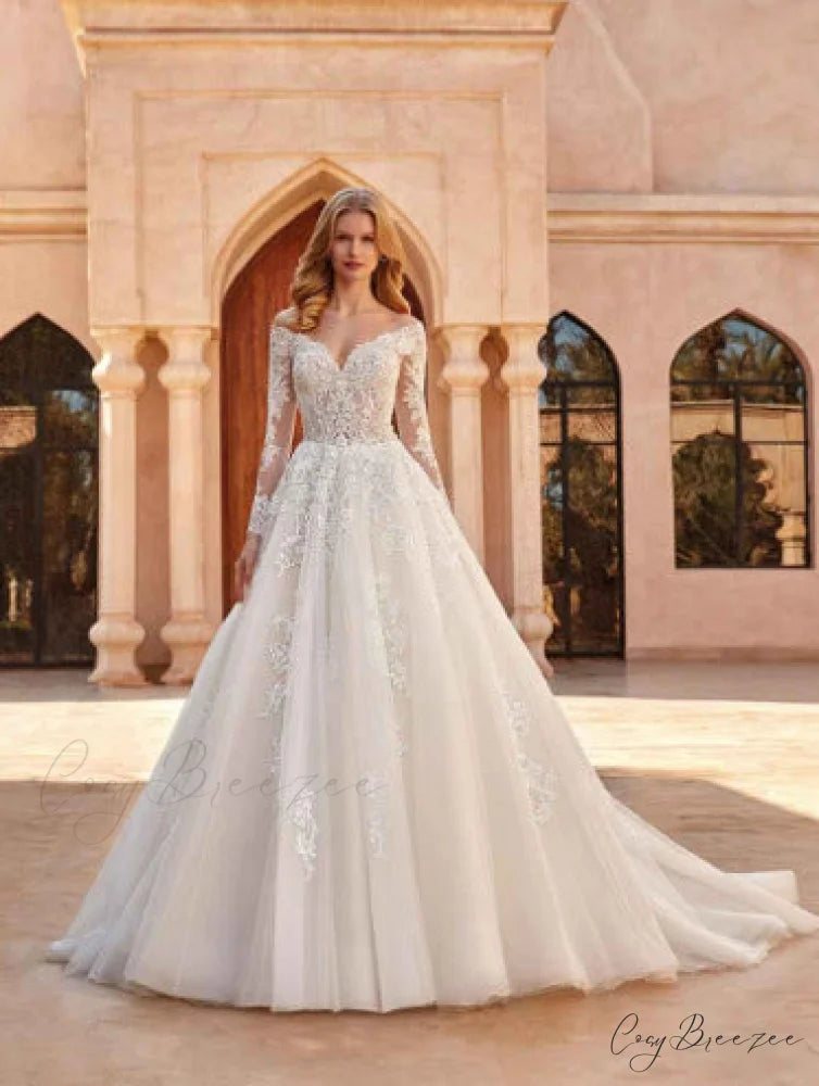 Off-Shoulder V-Neck Wedding Dress white / US 2 weddingdress-250223