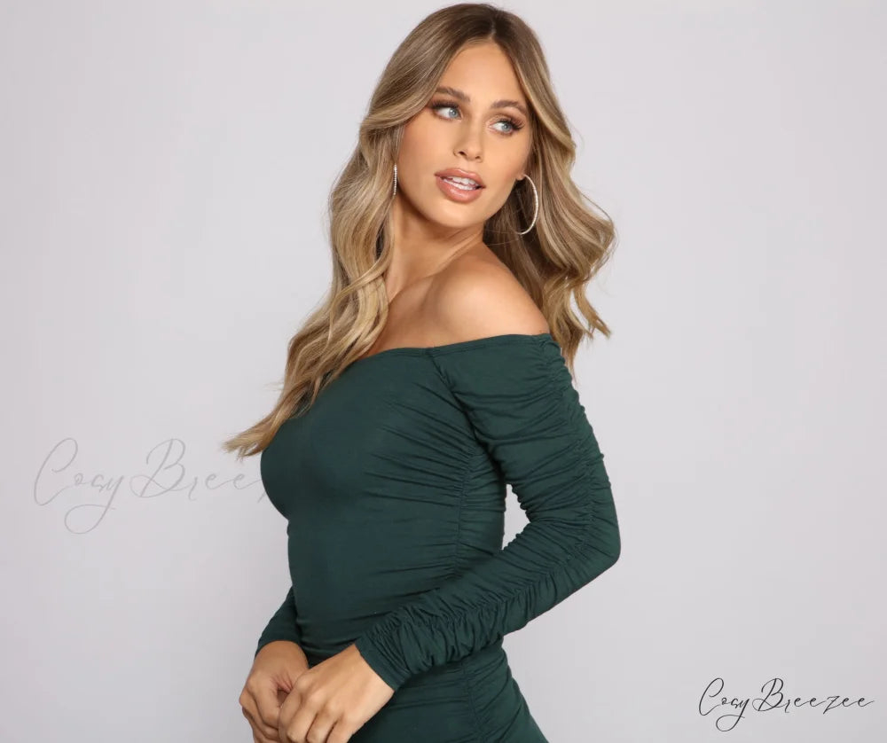 Off the Shoulder Charming Long Sleeve Mini Dress