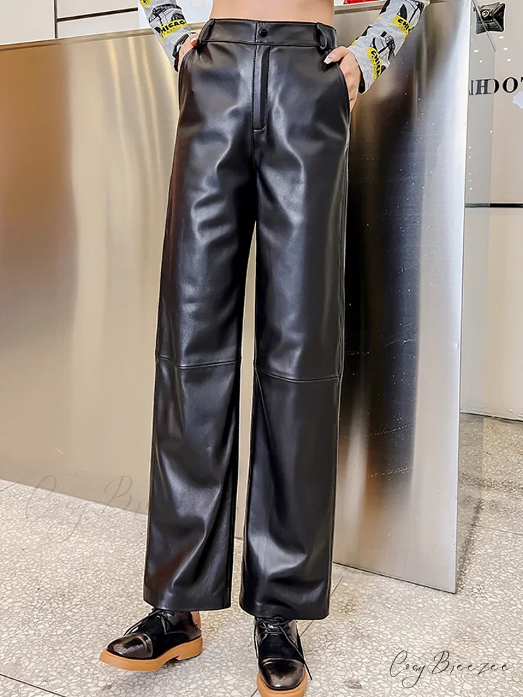 Office Lady Casual Real Sheepskin Wide Leg Genuine Leather Loose Fit Pants