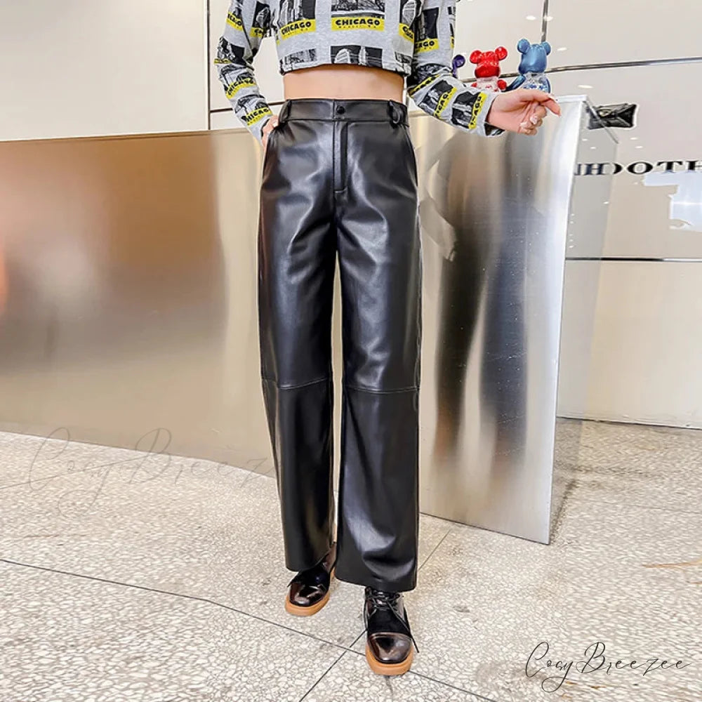Office Lady Casual Real Sheepskin Wide Leg Genuine Leather Loose Fit Pants Black / S