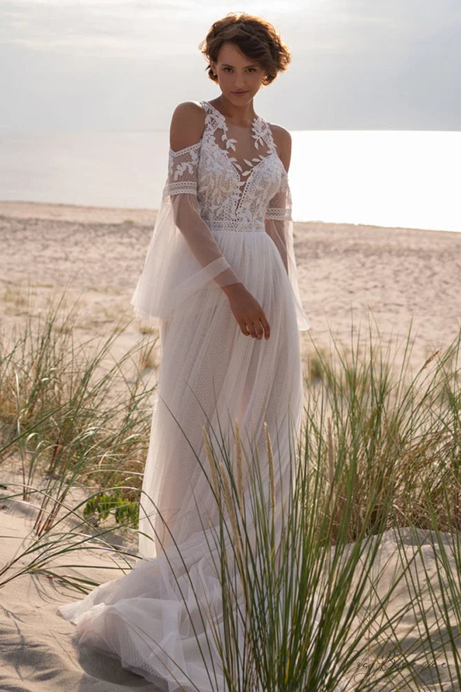 Olena Long-Sleeve Lace Trendy Applique Wedding Dress Ivory / 2