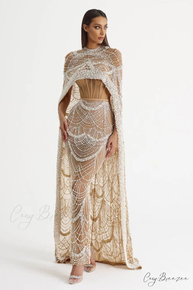 Olivia Pearl Graceful Embellished Maxi Dress Champagne / Partially Lined / 2