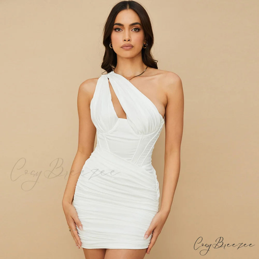 One Shoulder Cut Out Ruched Classic Mesh Party Mini Dress - Green S / White