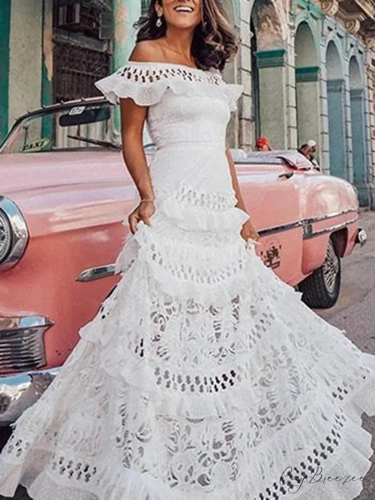 One-Shoulder Ruffled Hollow Swing Graceful Lace Patchwork Long Dress