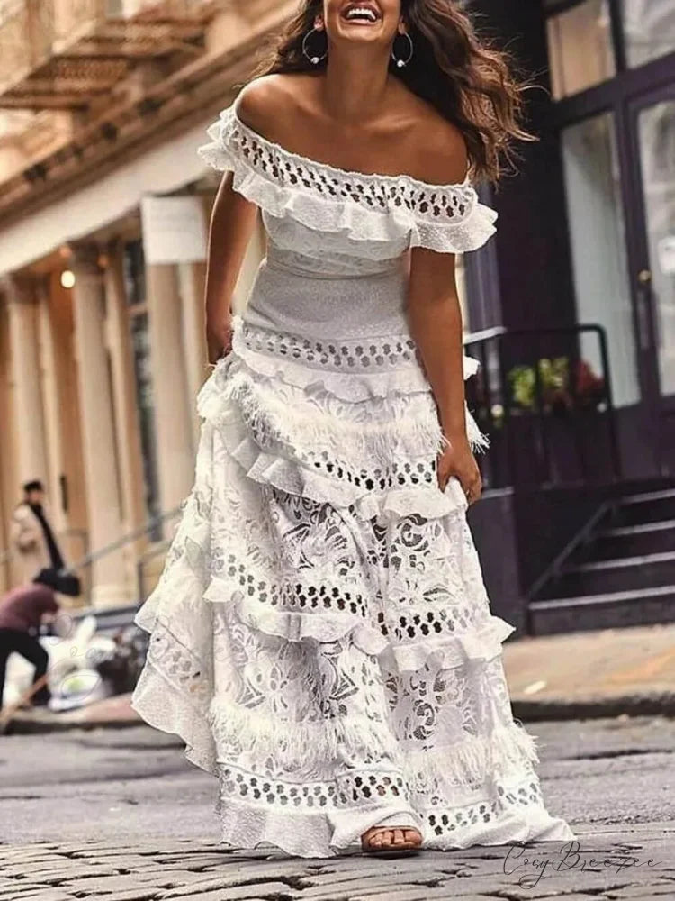 One-Shoulder Ruffled Hollow Swing Graceful Lace Patchwork Long Dress White / S