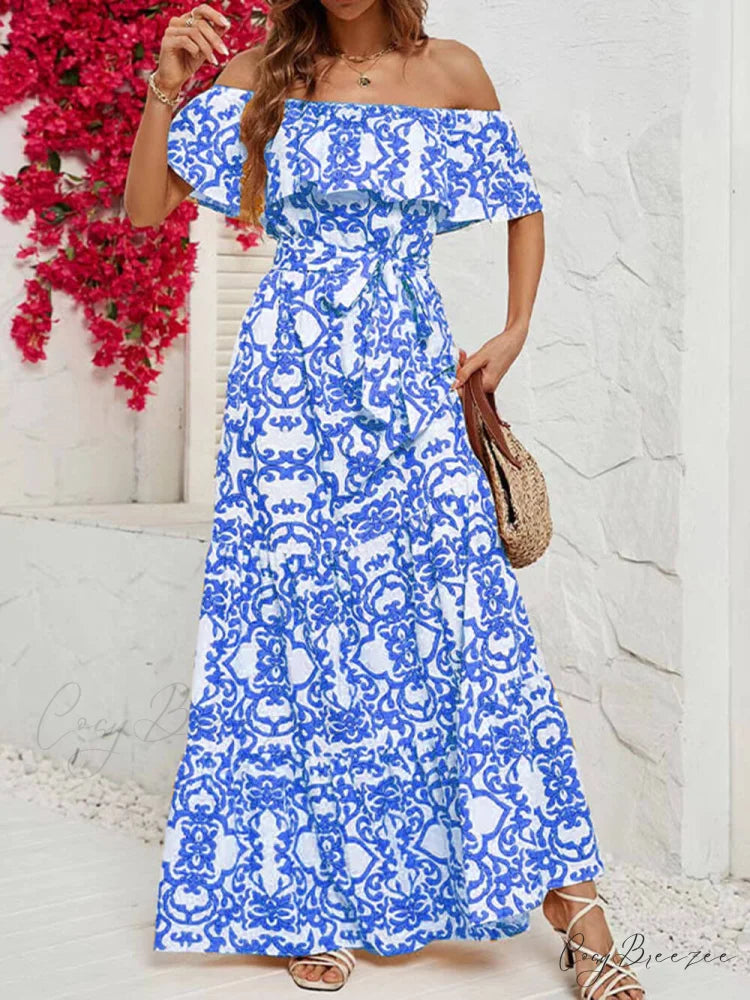 One-Shoulder Short-Sleeve Printed Charming Ruffle Maxi Dress Blue / S