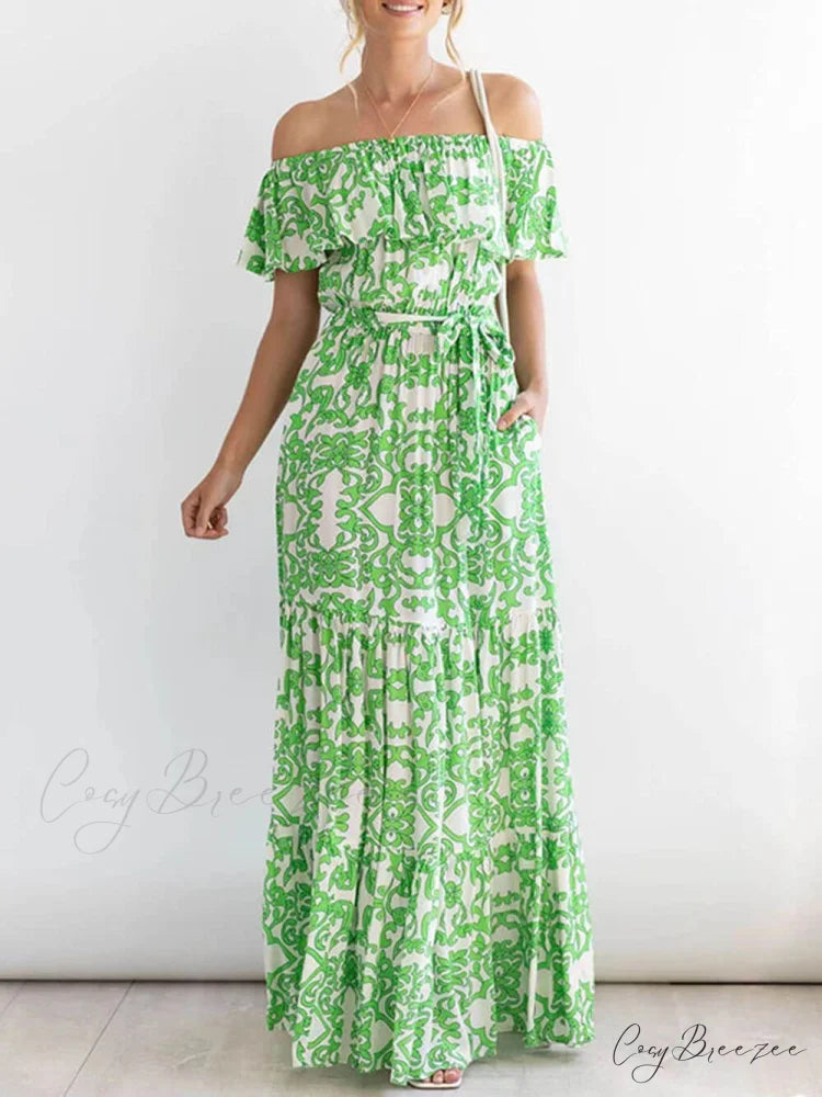 One-Shoulder Short-Sleeve Printed Charming Ruffle Maxi Dress Green / S