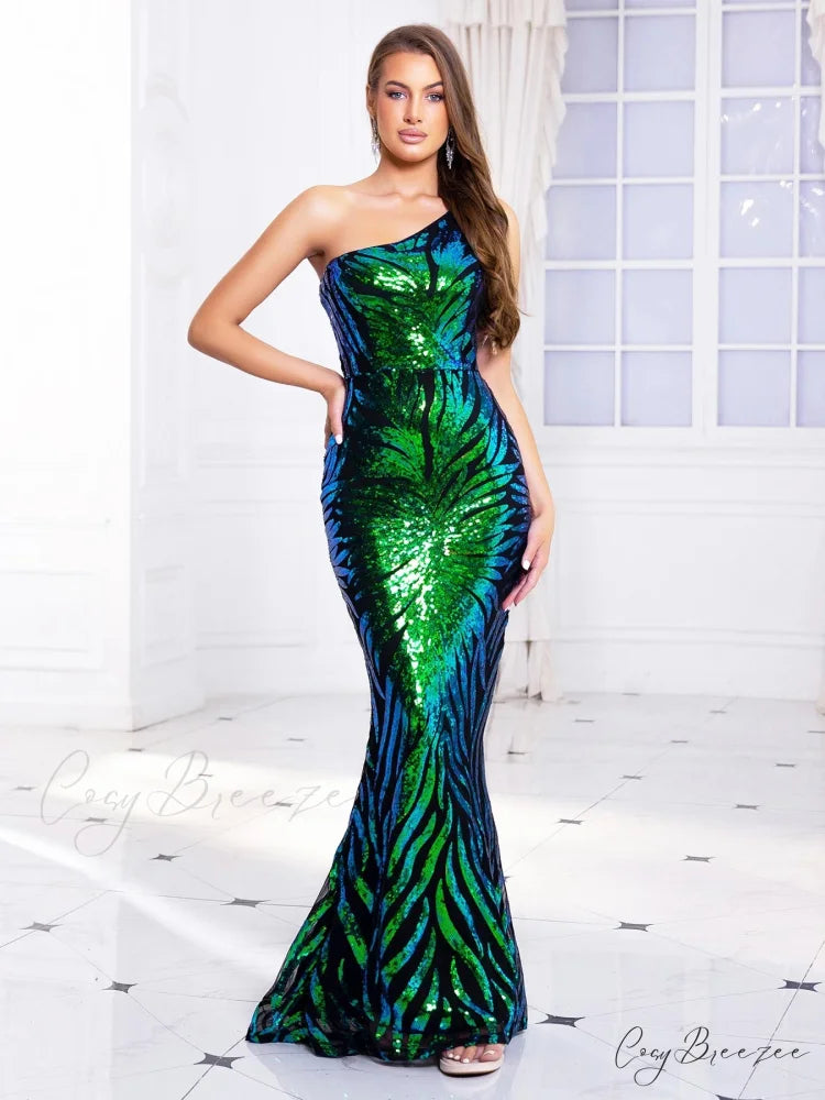 One-Shoulder Stretch Sequin Party Dress