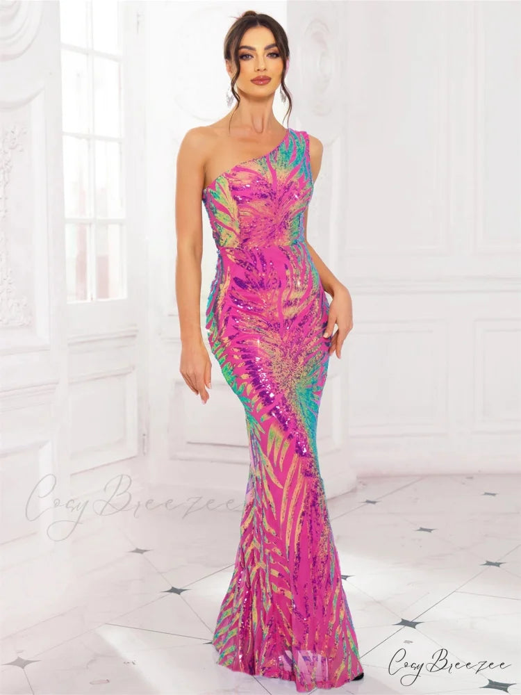 One-Shoulder Stretch Sequin Party Dress