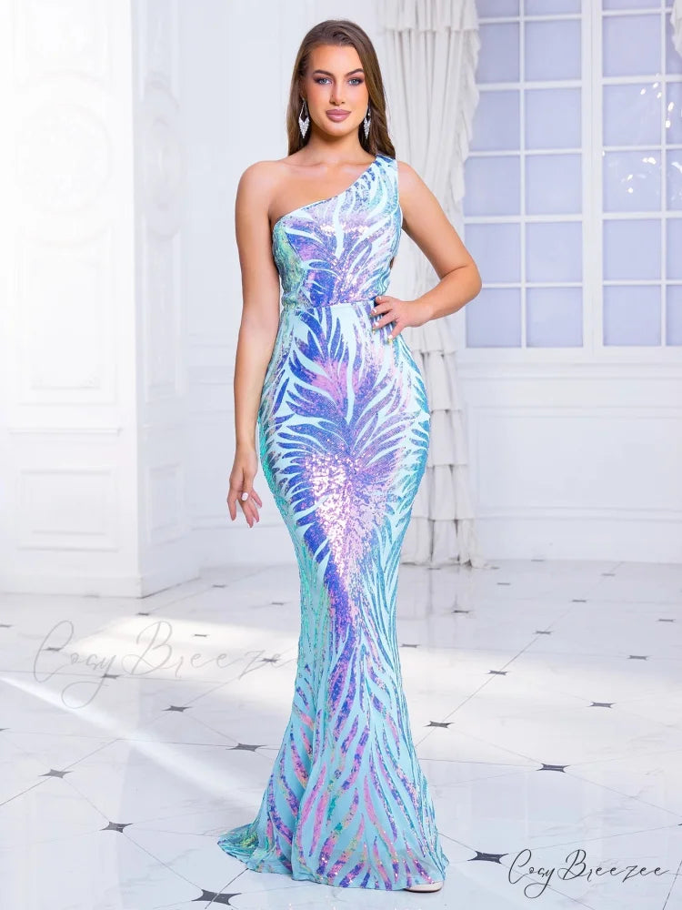 One-Shoulder Stretch Sequin Party Dress Blue / S