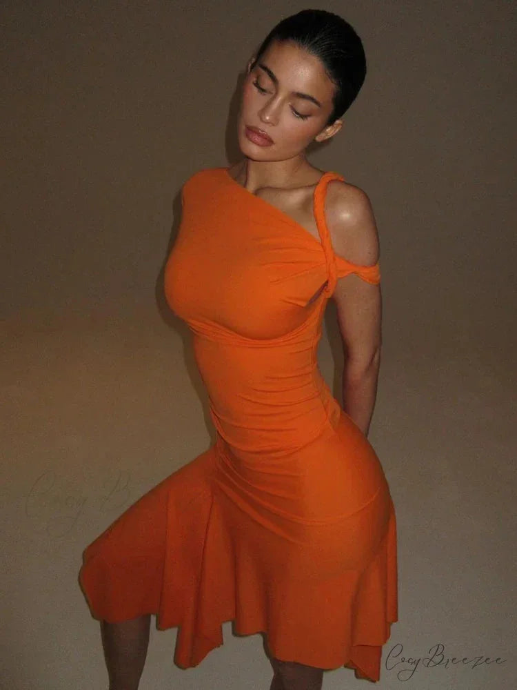 One Shoulder Twisted Charming Flare Mini Dress Orange / S