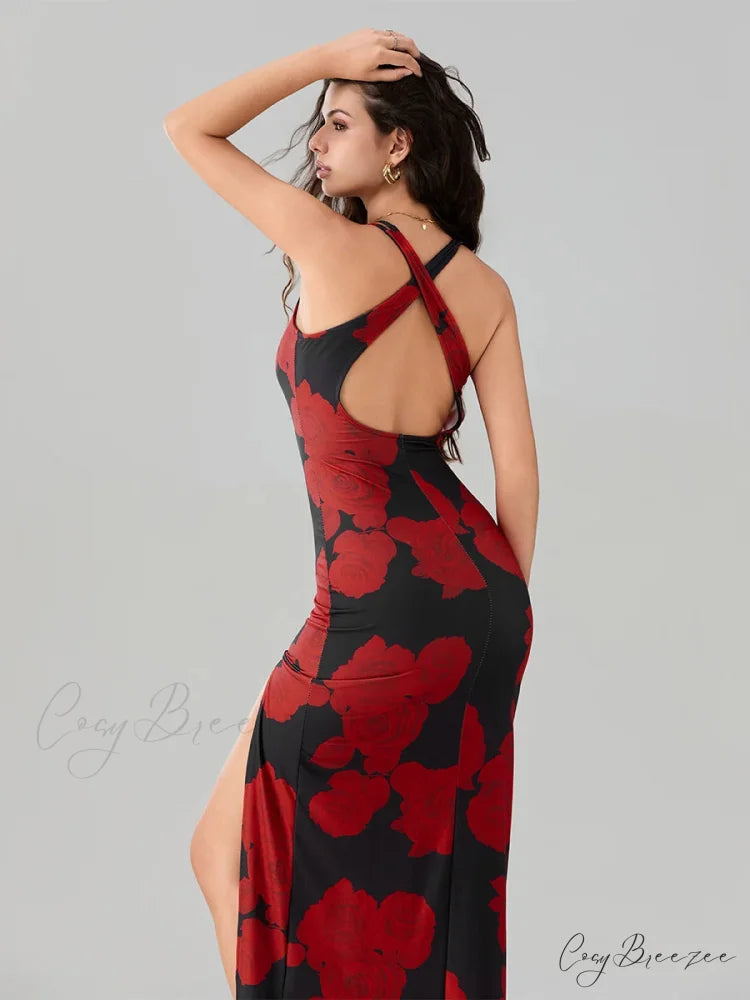Open Back High Split Floral Print Bodycon Dress floraldress-250126