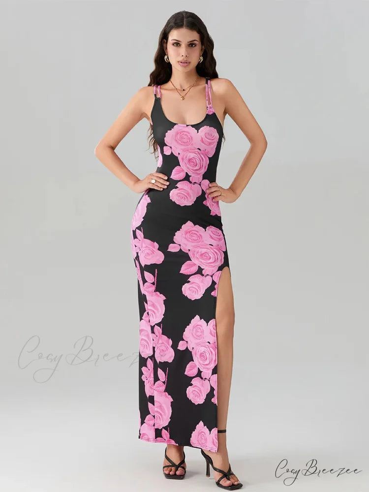 Open Back High Split Floral Print Bodycon Dress floraldress-250126