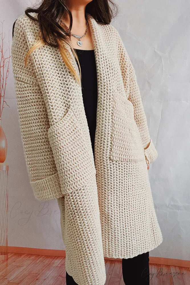 Open Front Cardigan with Large Pockets Khaki / L