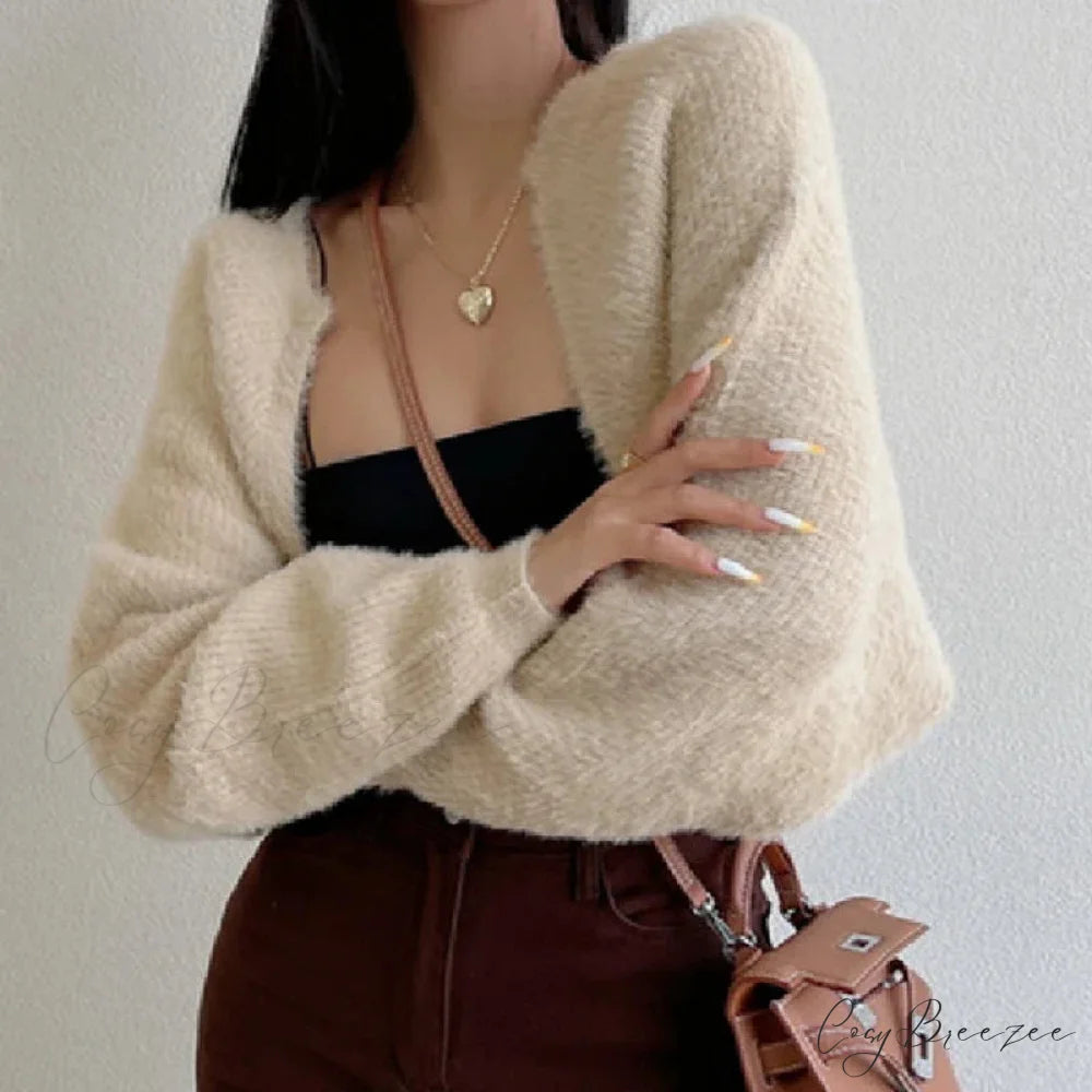 Open Front Cropped Full Sleeve Cardigan Apricot / One Size cardigans-241228