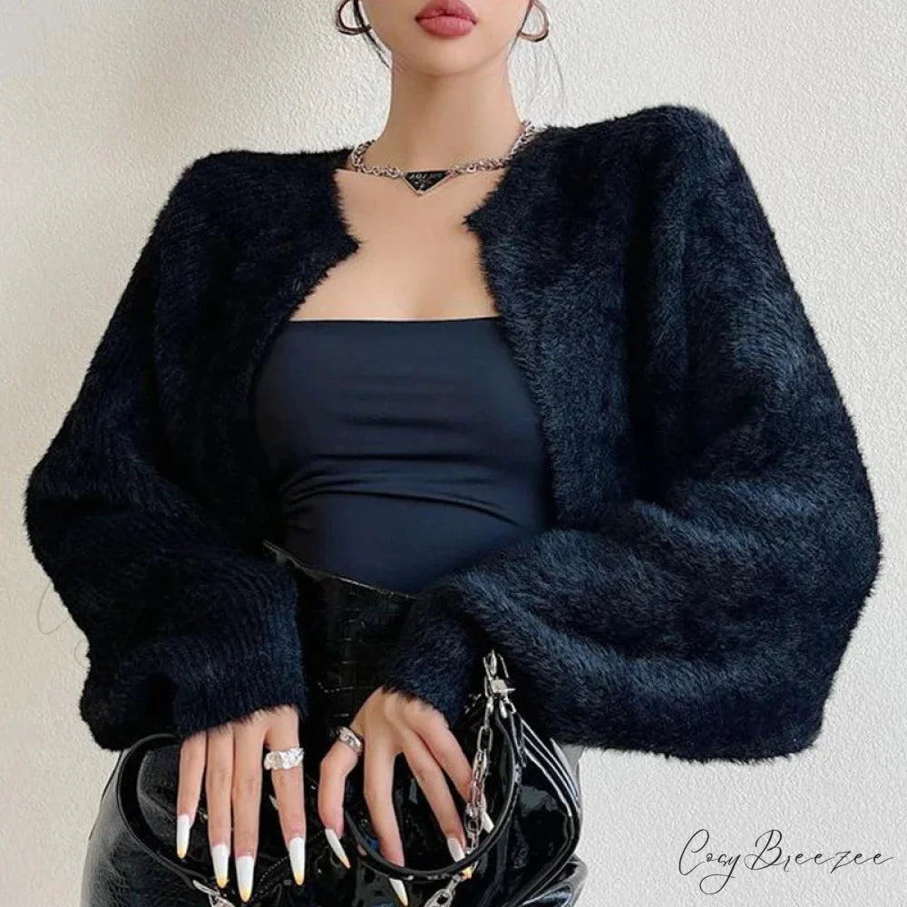 Open Front Cropped Full Sleeve Cardigan Black / One Size cardigans-241228