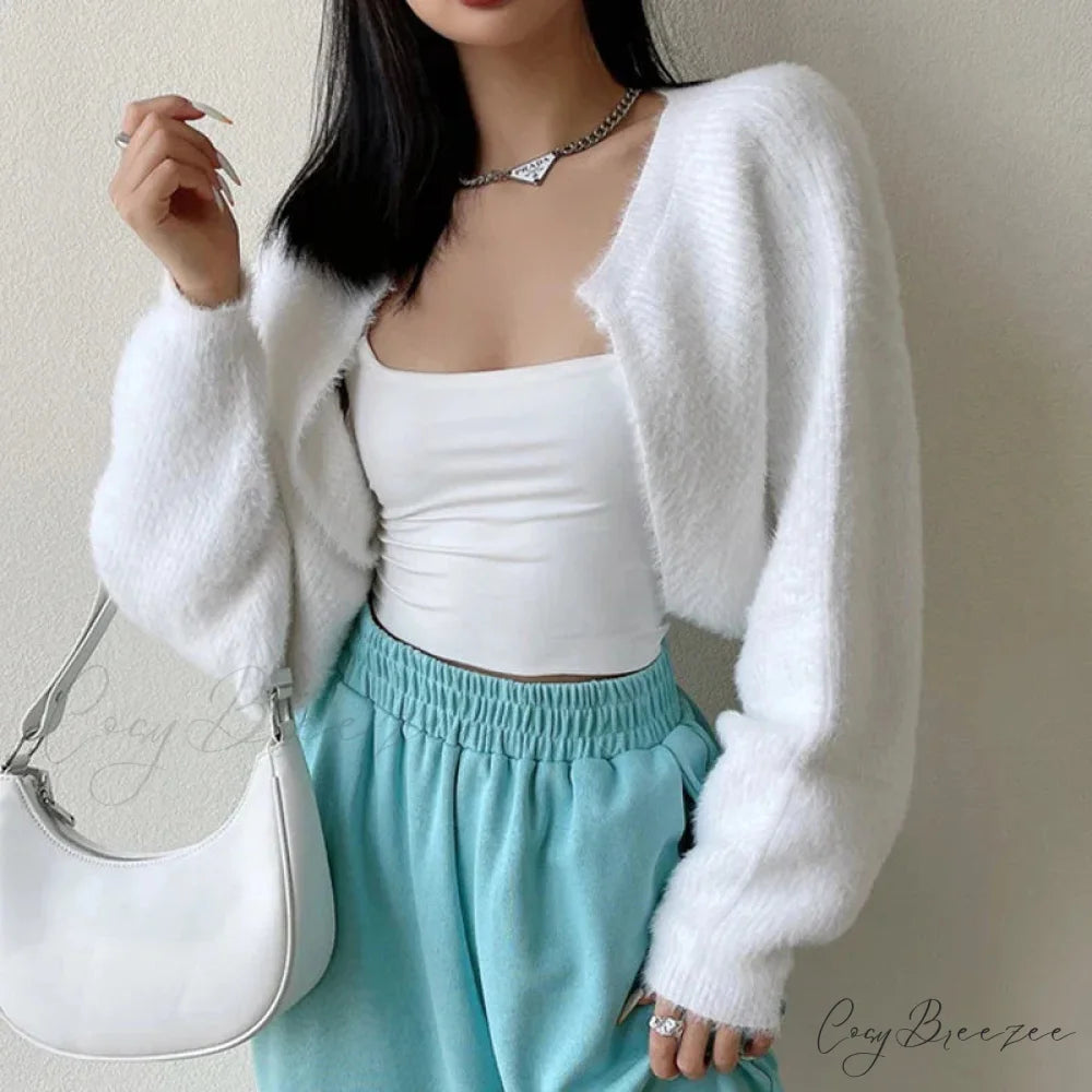 Open Front Cropped Full Sleeve Cardigan White / One Size cardigans-241228