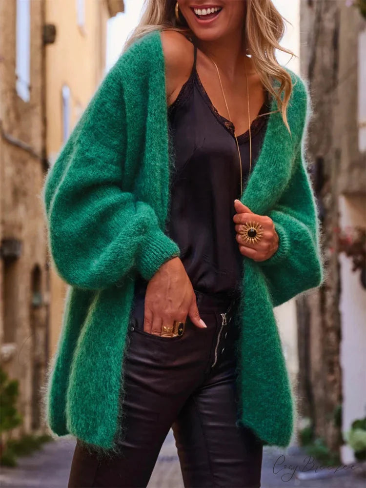 Open Front Plush Full Sleeve Knit Cardigan green / S cardigans-241228