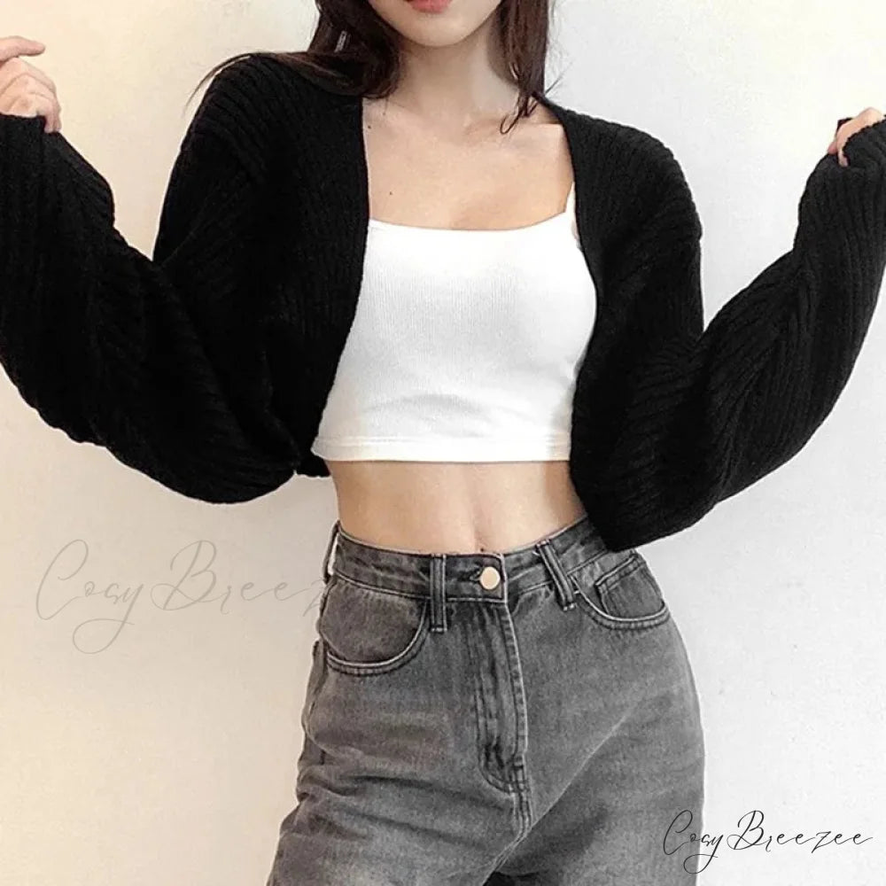 Open Front Solid Color Cropped Casual Bolero Shrug Cardigan BLACK / One Size