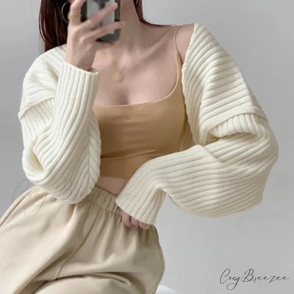 Open Front Solid Color Cropped Casual Bolero Shrug Cardigan WHITE / One Size