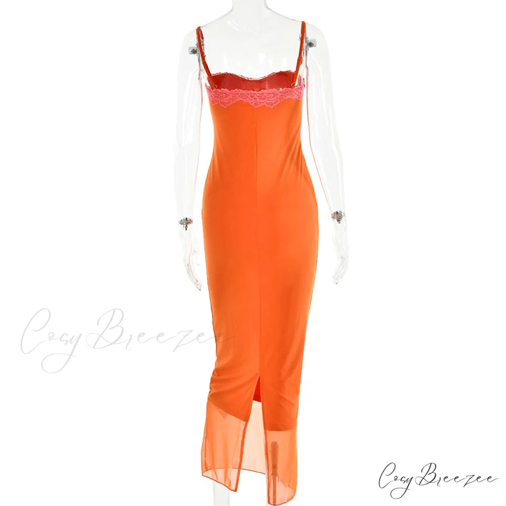 Orange Mesh Lace Charming Patchwork Cami Maxi Dress