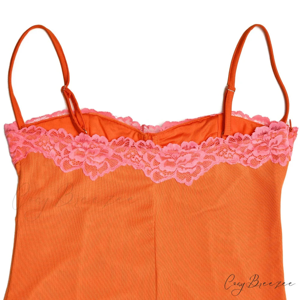 Orange Mesh Lace Charming Patchwork Cami Maxi Dress