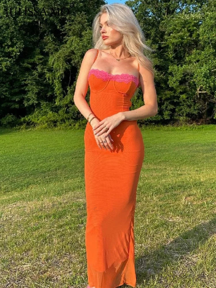 Orange Mesh Lace Charming Patchwork Cami Maxi Dress
