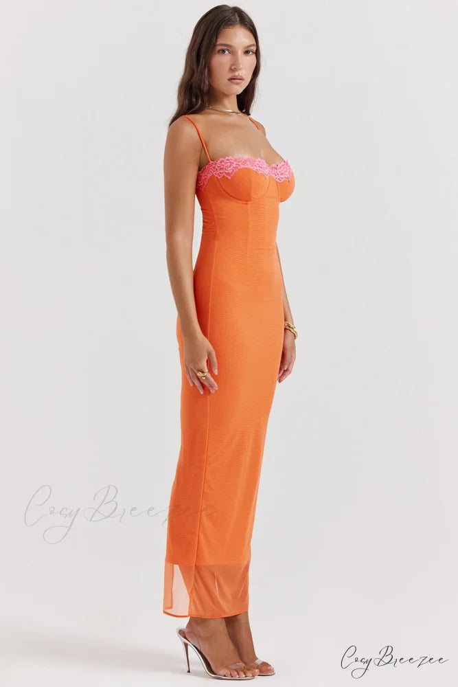 Orange Mesh Lace Charming Patchwork Cami Maxi Dress