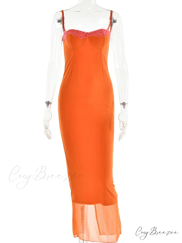 Orange Mesh Lace Charming Patchwork Cami Maxi Dress orange / S